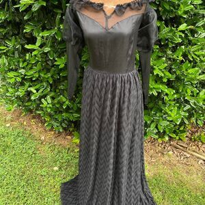Whimsigoth Grunge Regencycore Punk Black Maxi Dress Ruffle Details Sheer Sleeve
